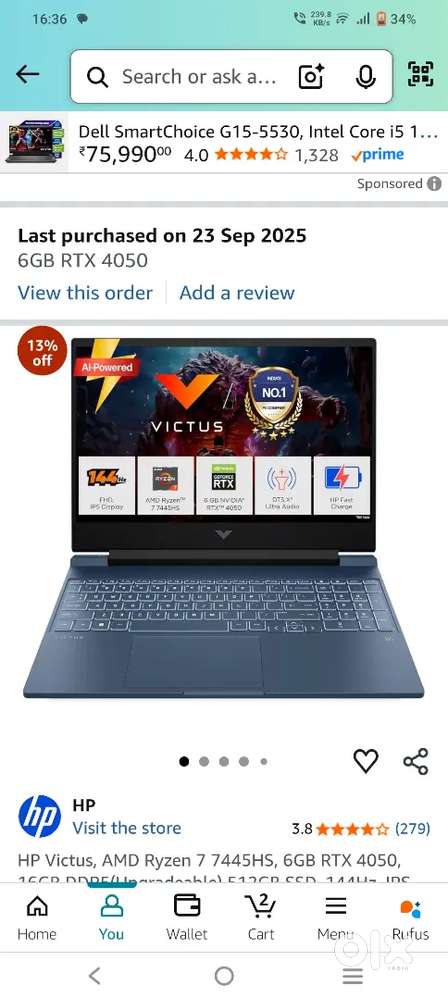 HP VICTUS RYZEN 7 7445HS . 6GB RTX 4050