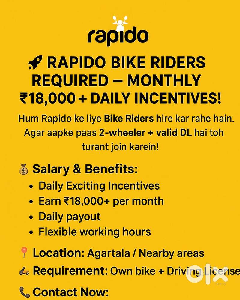 We are hiring bike Riders for Agartala with zero joining free join us