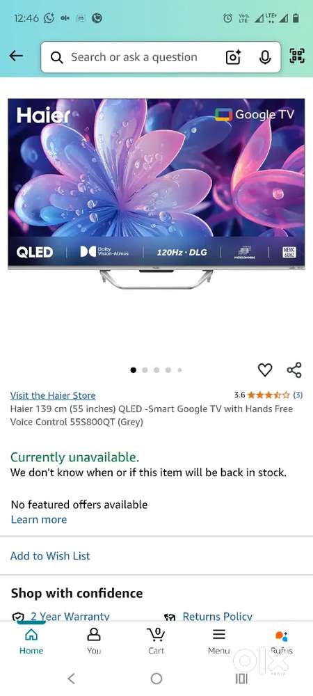 Hire 55'' QLED tv 3 months old