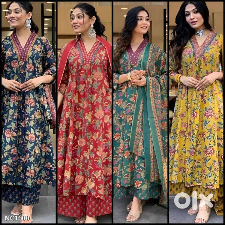 Women's Cotton Anarkali Printed Kurti with Pant & Dupatta Suit