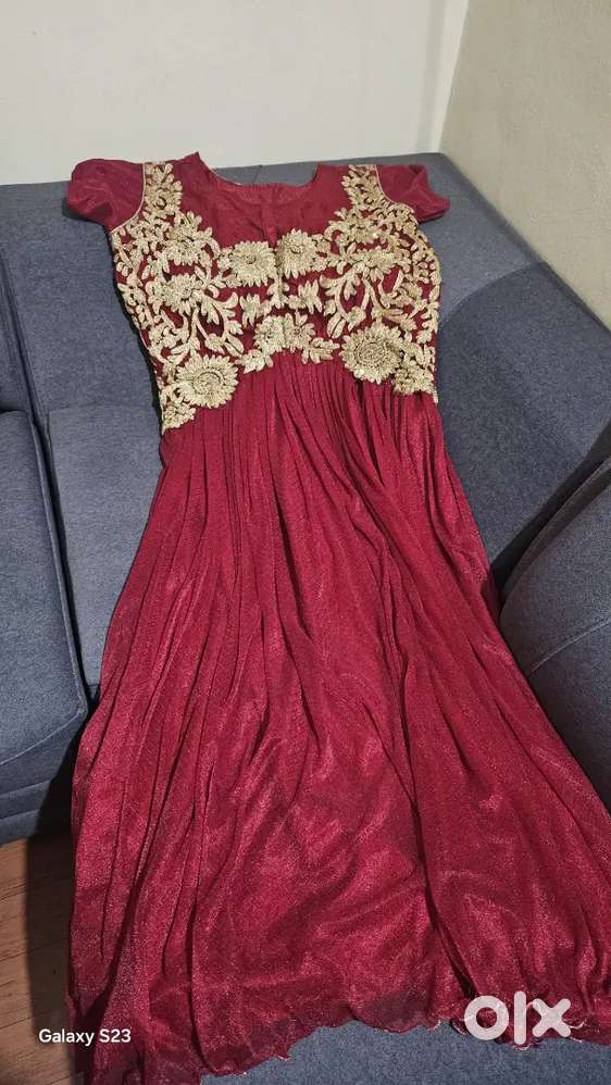 Wine Red Gown  Heavy Golden Zari Work  Size L  Worn Once