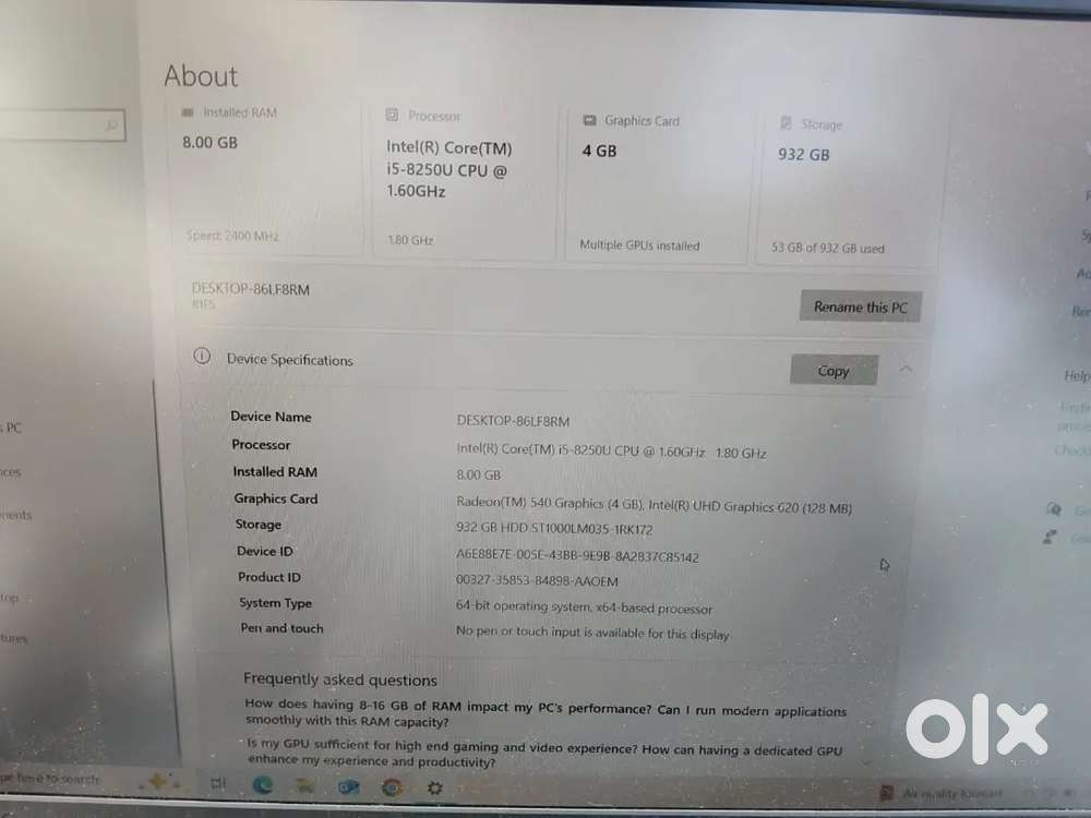Lenovo Desktop-86LF8RM.         8GB RAM.   932GB STORAGE