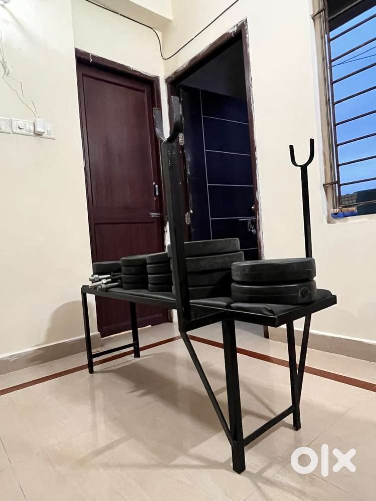 Gym Bench; Rubber and 58 KGS of PVC Dumbell/ Barbell Weights & Rods
