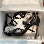 Saint Laurent Paris YSL Black Leather Studded Sandal Heels