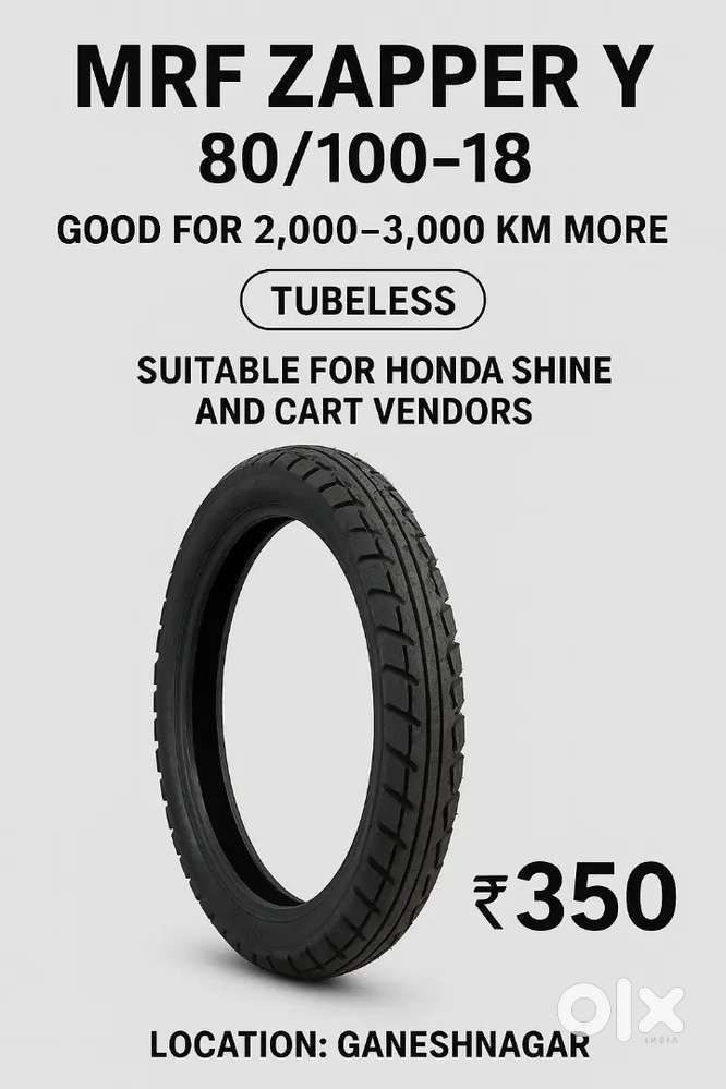 MRF Zapper Y 80/100-18 Tubeless Tyre – still good for 2,000–3,000 km