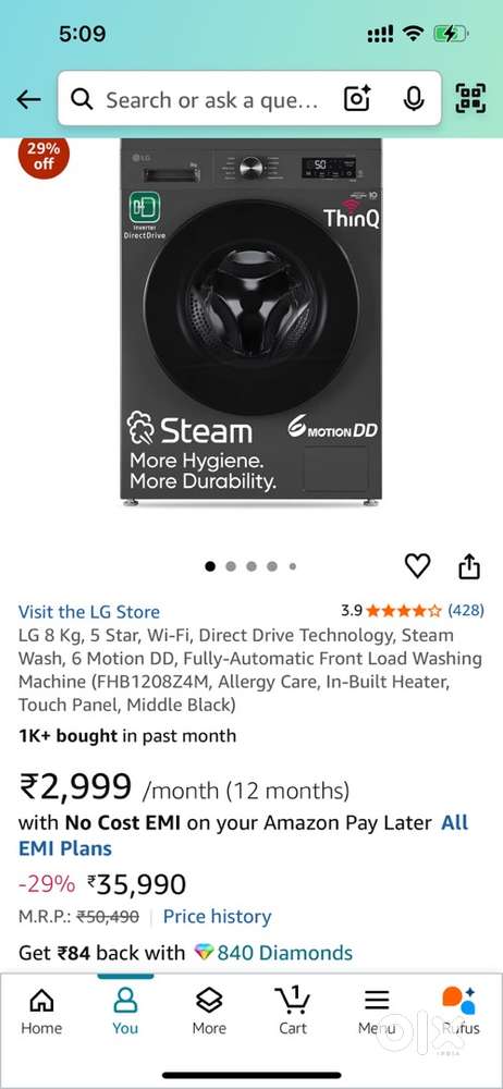 LG 8 Kg Front Load Washing Machine (Brand New, Unused)