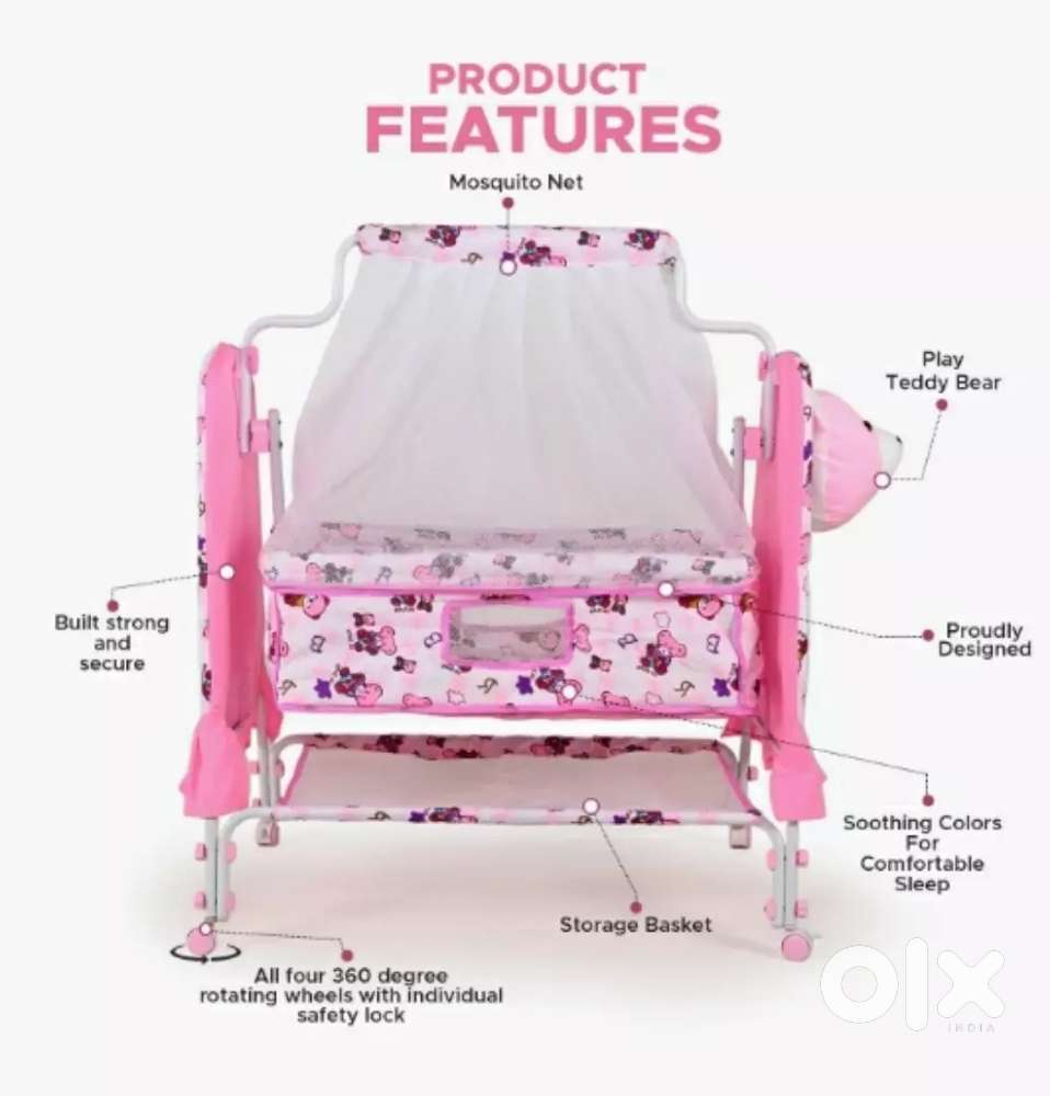 Baby Cradle with Mosquito Net and Wheels - Excellent Condition