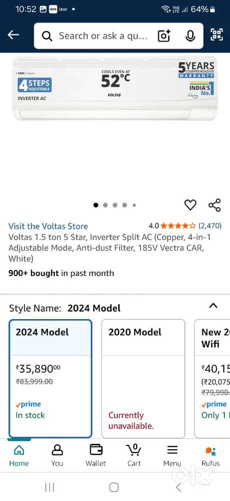 Voltas 1 ton inverter 5 star copper condenser new AC box packed