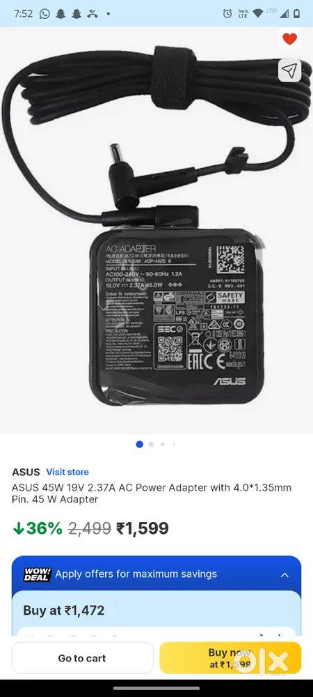 Original ASUS 45W Laptop Charger  19V 2.37A  Brand New  Unused