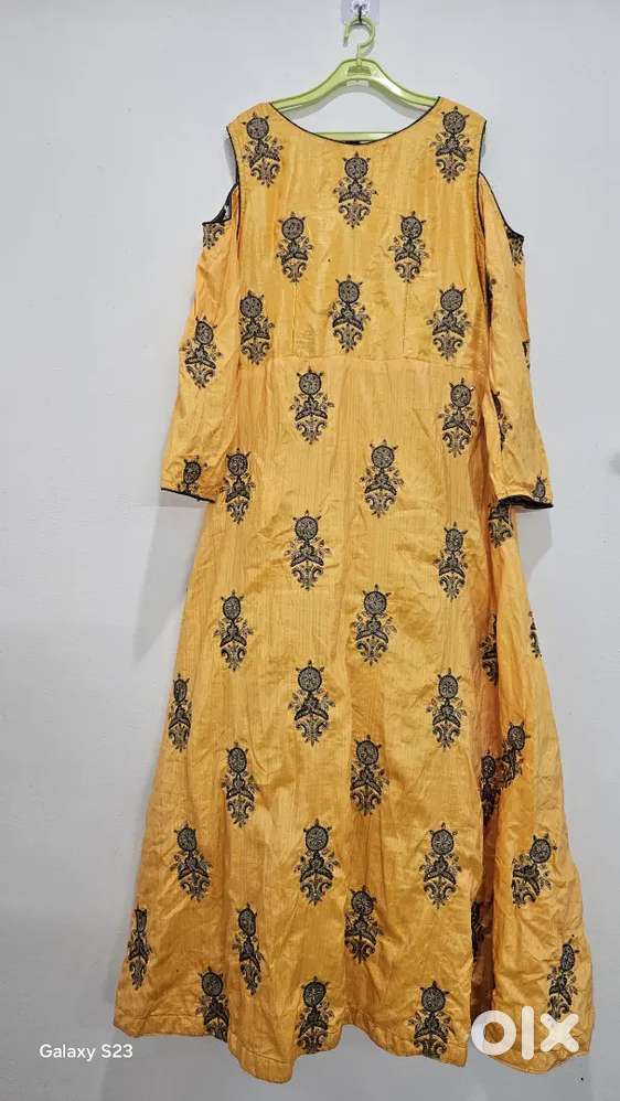 Mustard Yellow Embroidered Cold-Shoulder Gown – Size L  Festive Wear