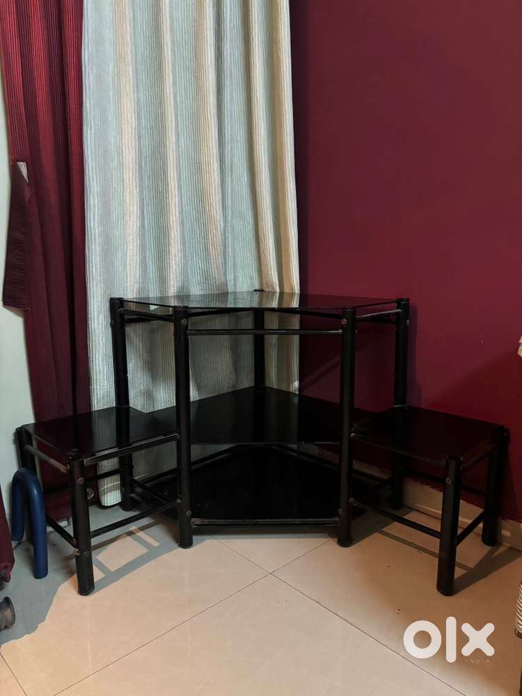 Glass Corner TV Stand with Side Storage