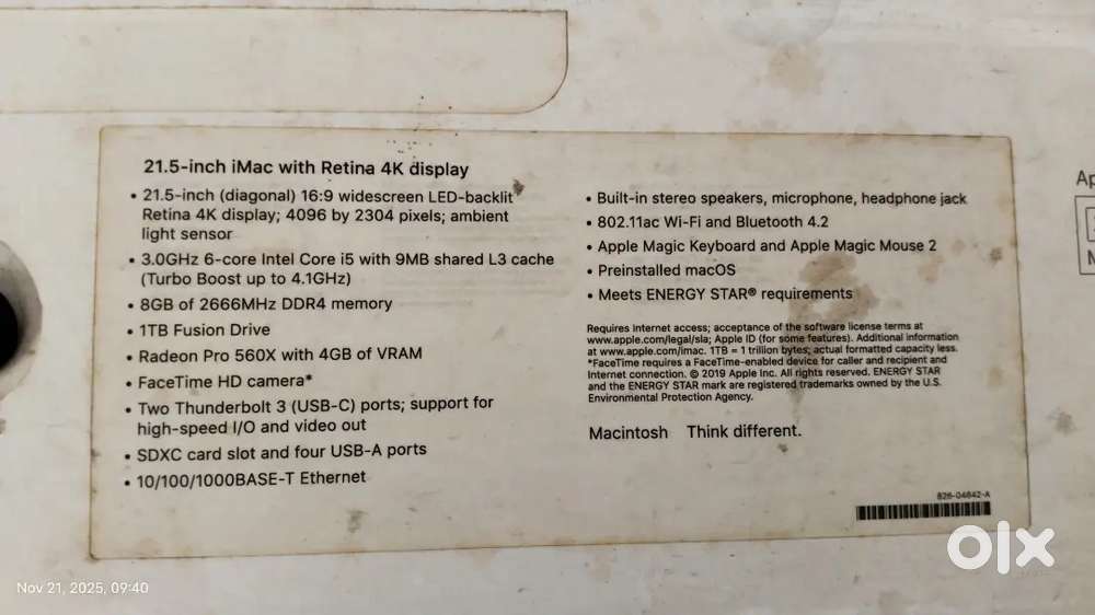 imac 21.5 inch 4k Retina Display 2019