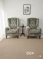 CP Teak Wood Wingback Sofas – Leaf Velvet Fabric – Excellent