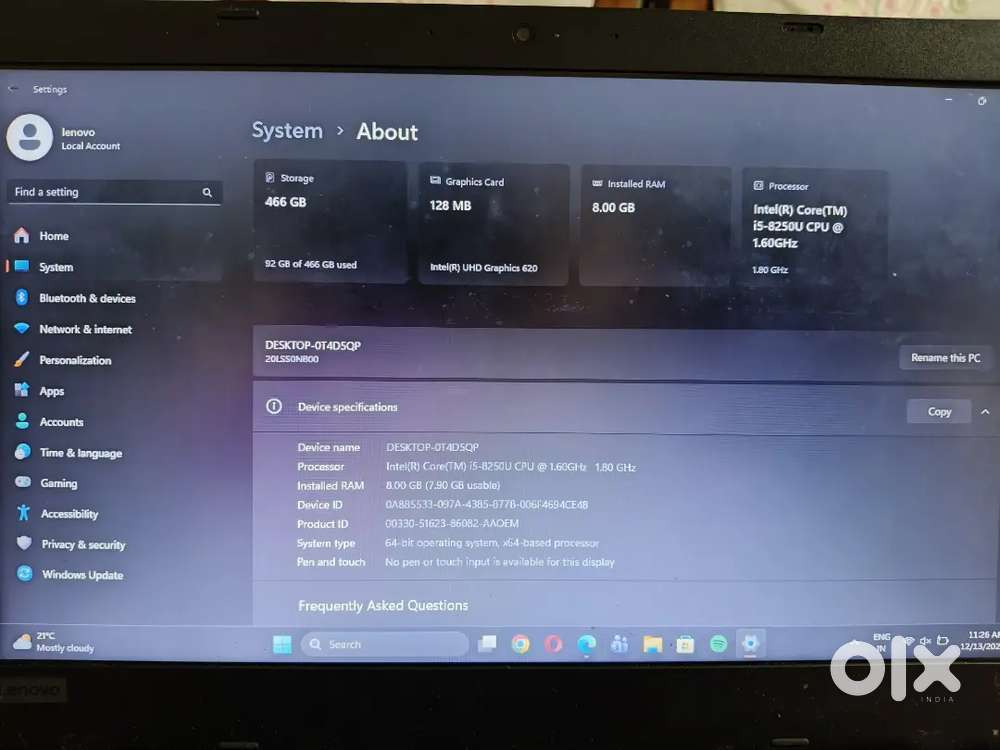 Lenovo ThinkPad i5 8th Gen, Windows 11 Laptop Excellent Condition