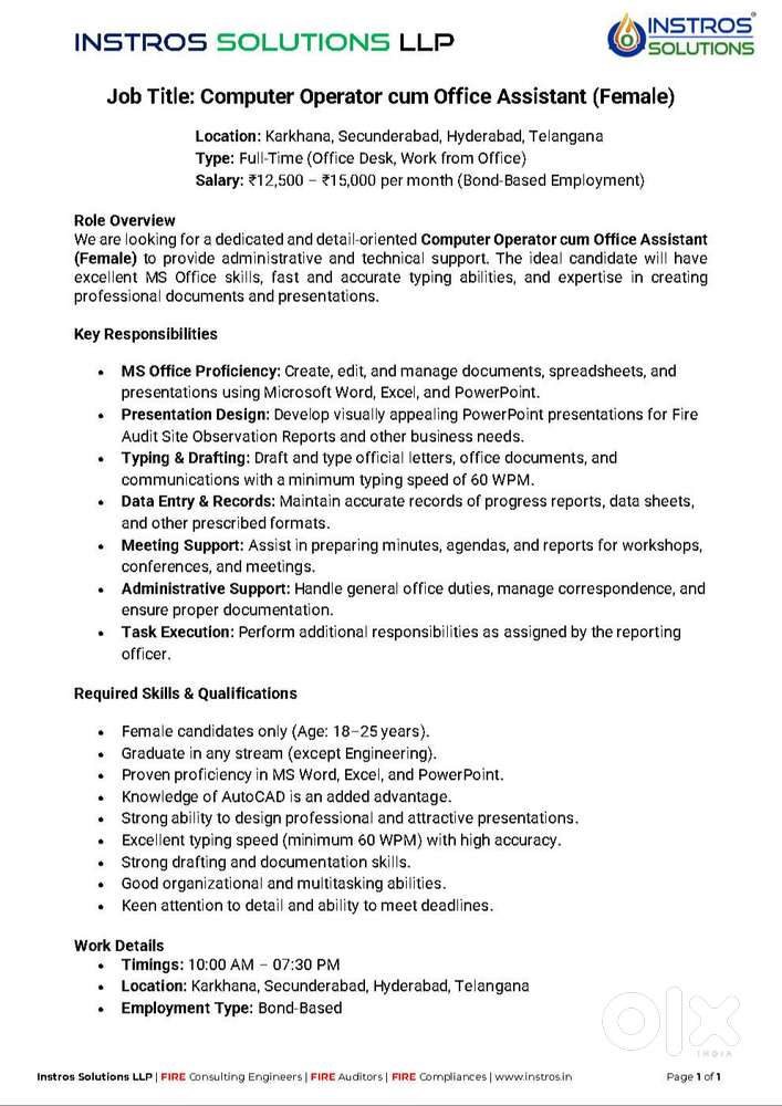 Computer Operator cum Office Assistant (Female)