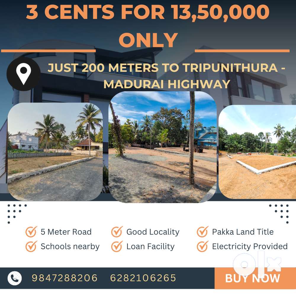 3 cents for just 13,50,000 only near Tripunithura - Madurai Highway