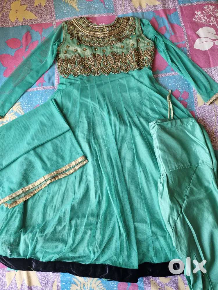Green Anarkali Dress for Women with Button and Dupatta