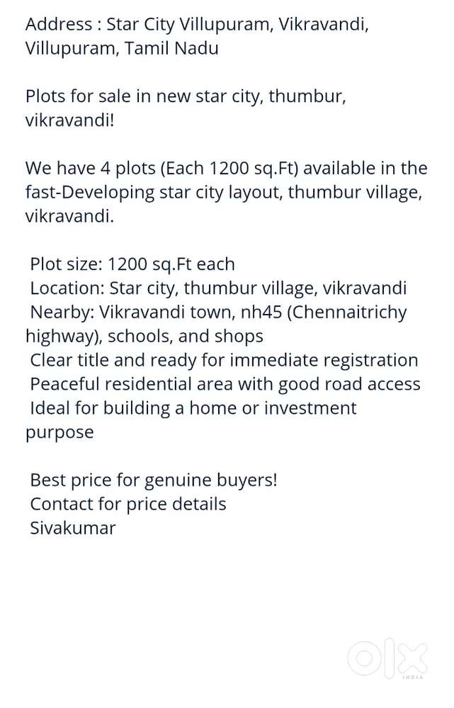 Plots for sale in new star city, thumbur, vikravandi!