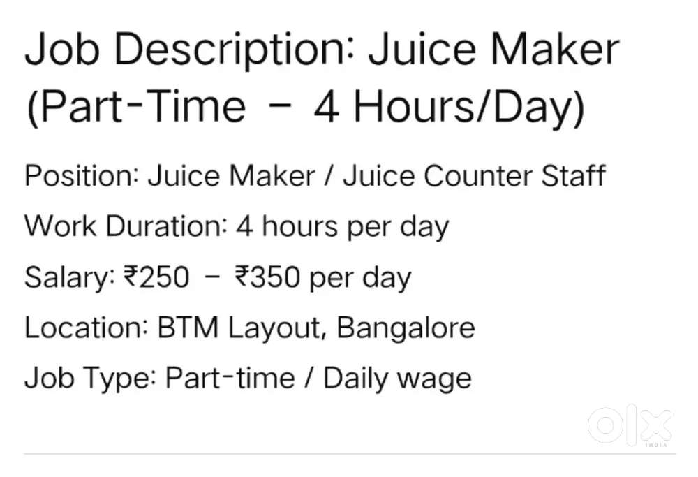 Job Description: Juice Maker (Part-Time – 4 Hours/Day)