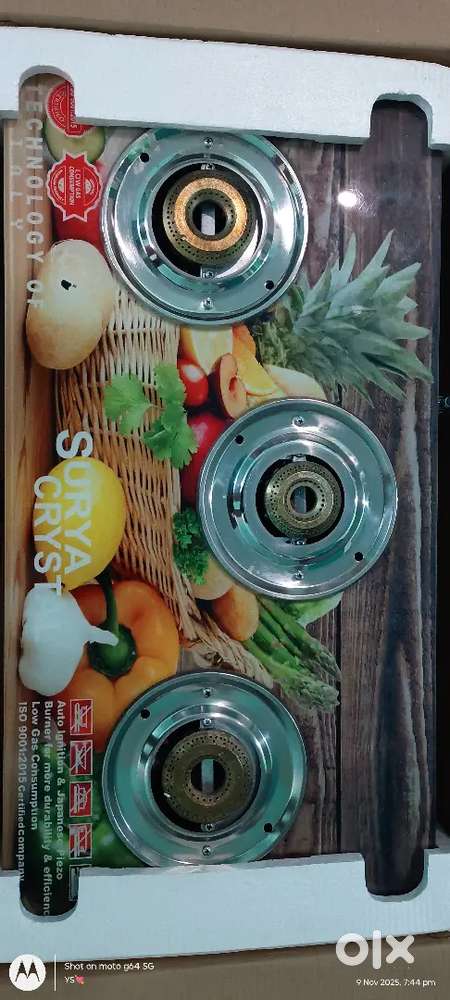 New 3 Burner Surya Crystal Glass Top Gas Stove