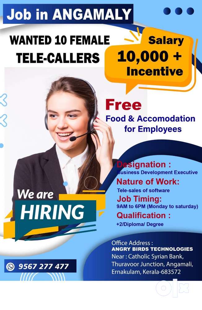 TSR-Wanted 10 Female Telecallers - Free Food & Accomodation - ANGAMALY