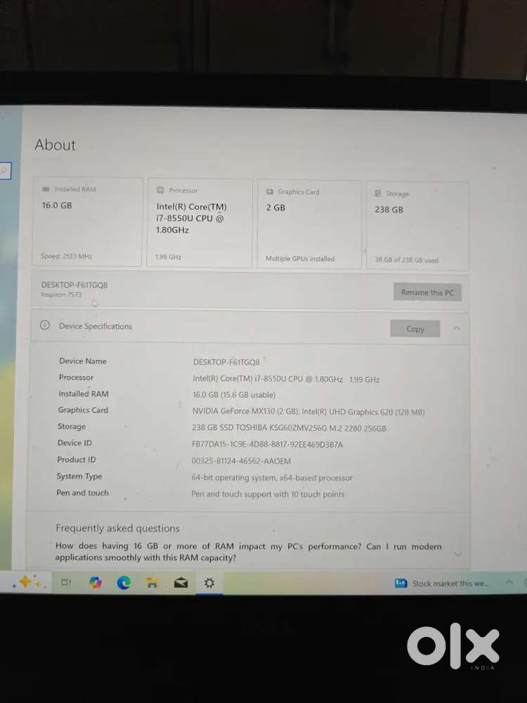 Dell Inspiron 7573 2 in 1 laptop. Full Touch screen with pen.