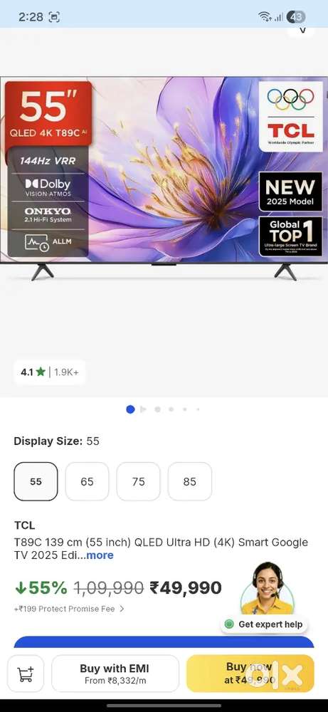 TCL 55 INCH QLED TV 3GB 32 GB