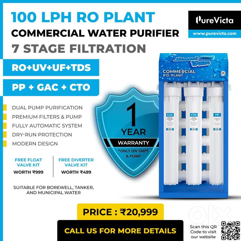 100 LPH Commercial RO Water Purifier Plant Filter for Hostels, Hotels