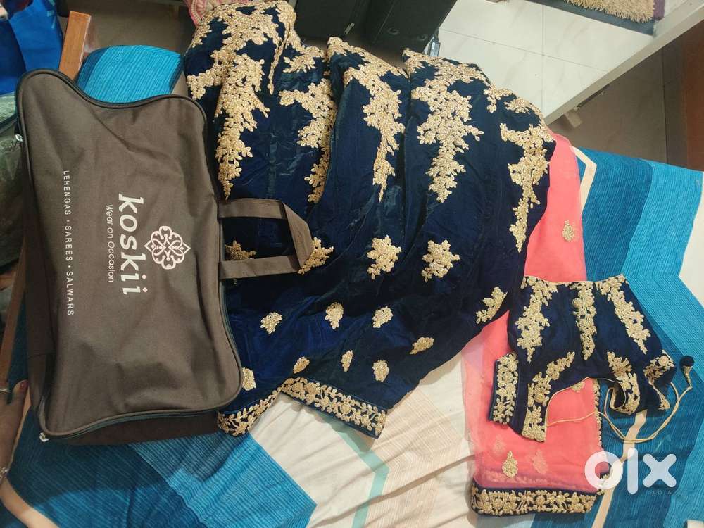 Blue velvet lehenga with stitched blouse