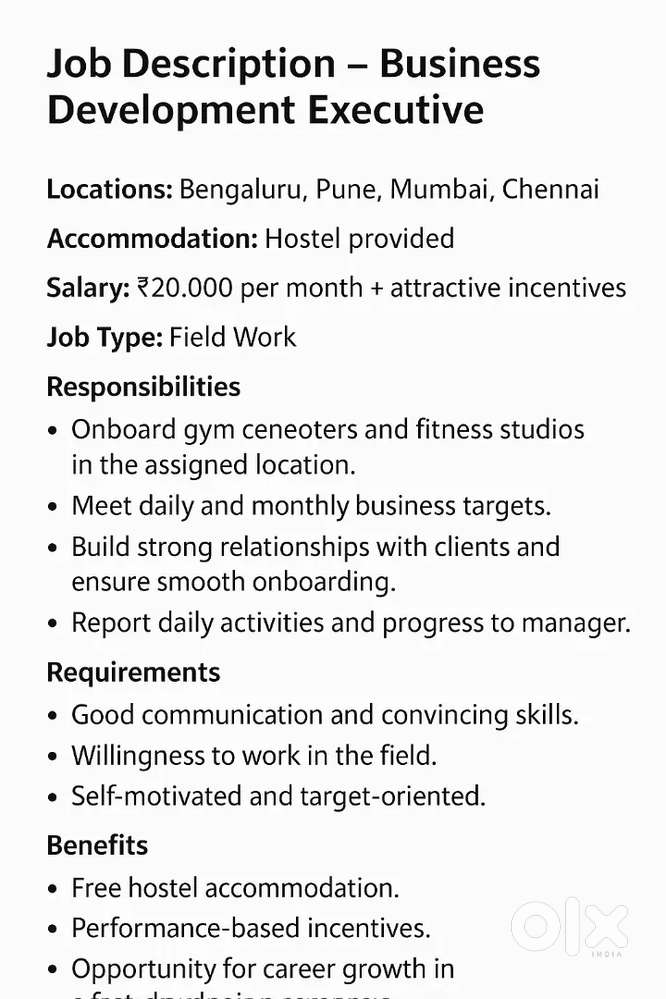 Hiring Business Development Executives Hostel Providing.
