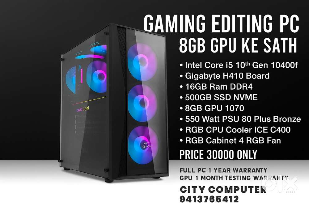Gaming Editing PC i5 10th Gen 16GB Ram 500GB SSD 8GB GPU 550 Watt PSU