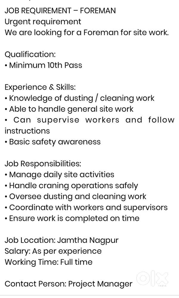 JOB REQUIREMENT – Foreman