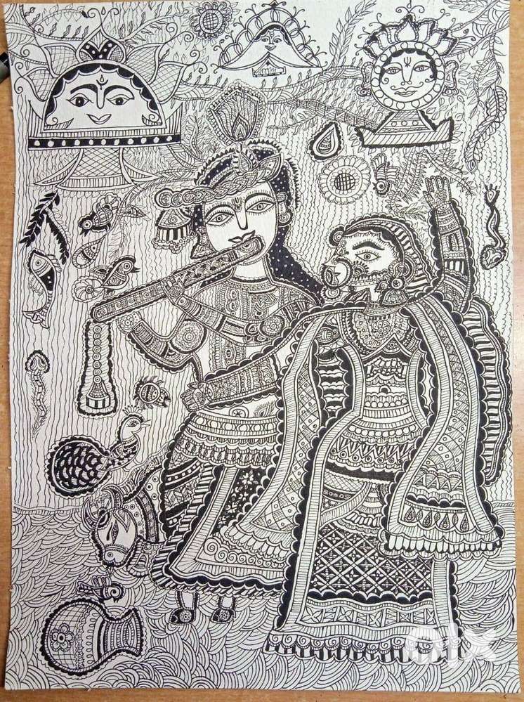 MADHUBANI PAINTING,MONOCHROME,HANDMADE,KRISHNA RADHA