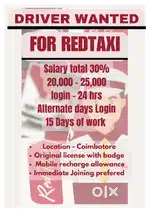 Redtaxi Driver wanted for coimbatore ,24hrs login