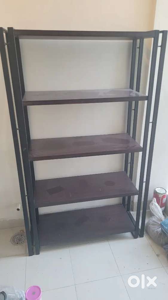 Book/Plant self with wooden shelves and metal frame