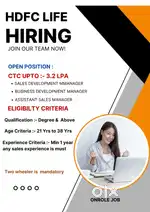 HDFC LIFE~Vidisha~Onrole~Degree must~Min 1 year exp in sales industry