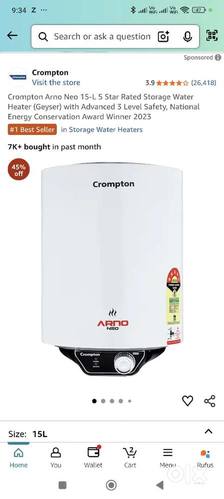 Crompton Arno Neo 15-L 5 Star Rated Storage Water Heater (Geyser)