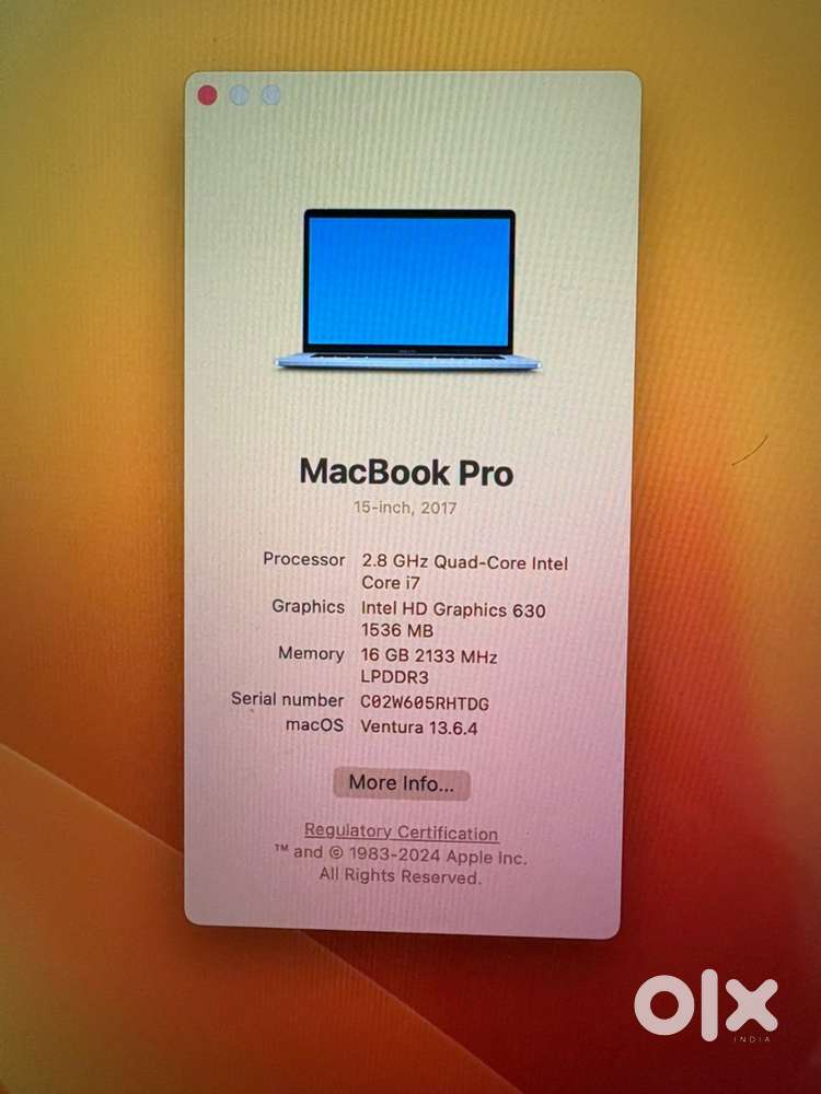 MACBOOK PRO i7 TouchBar 2017 Excellent New Condition with Charger