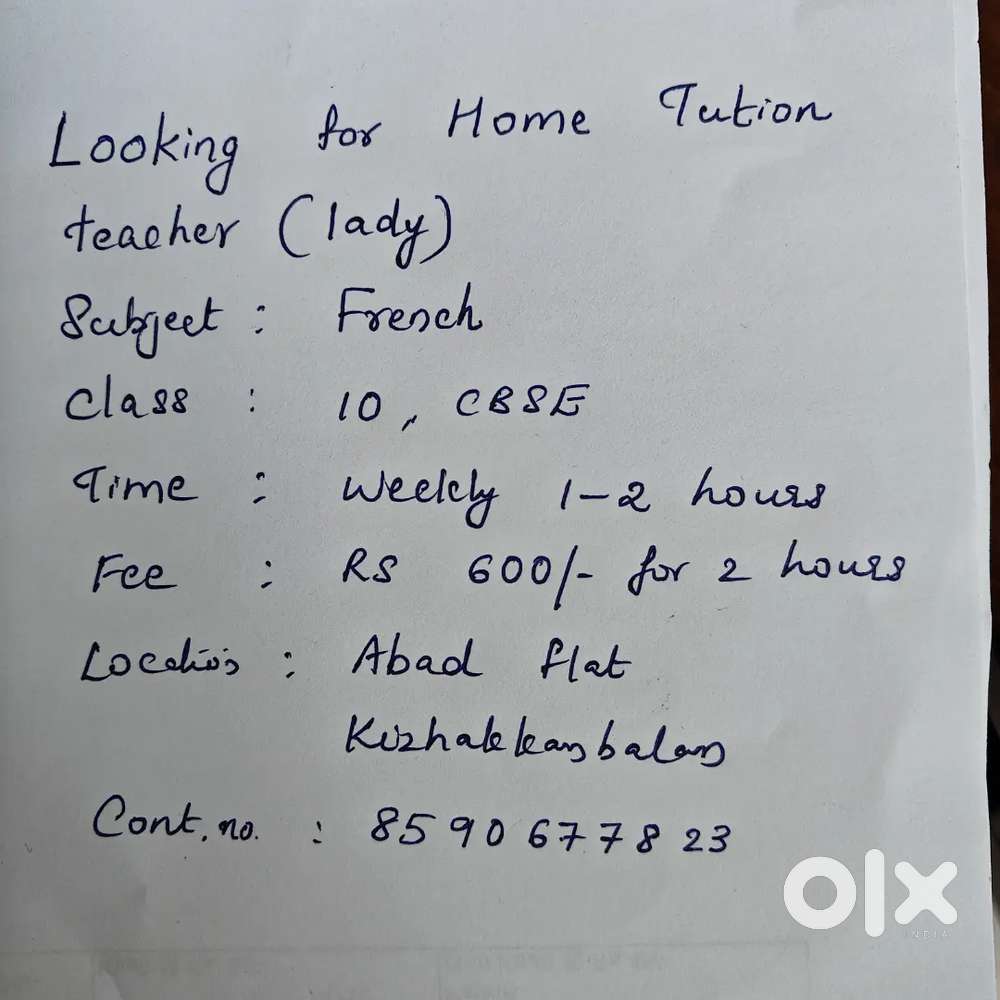French tution teacher CBSE 10 grade  .Home Tution .