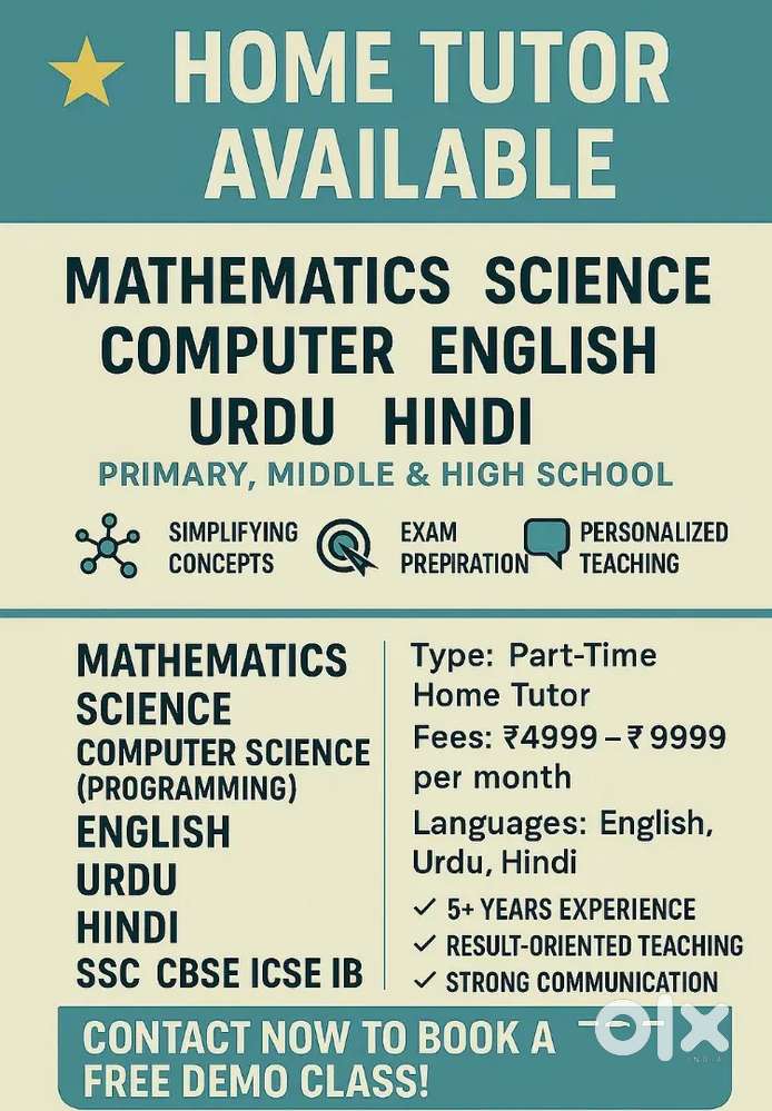 Tutor-Mathematics,Science,Computer,English,Urdu&Hindi