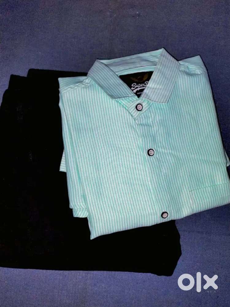 Green Vertical Line Shirt with Black Polo Pants – Stylish Casual Set