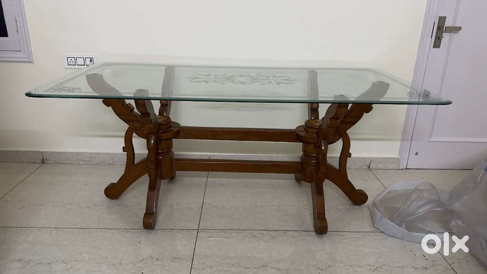 Elegant Teak Wood Dining Table with Glass Top & 6 Chairs
