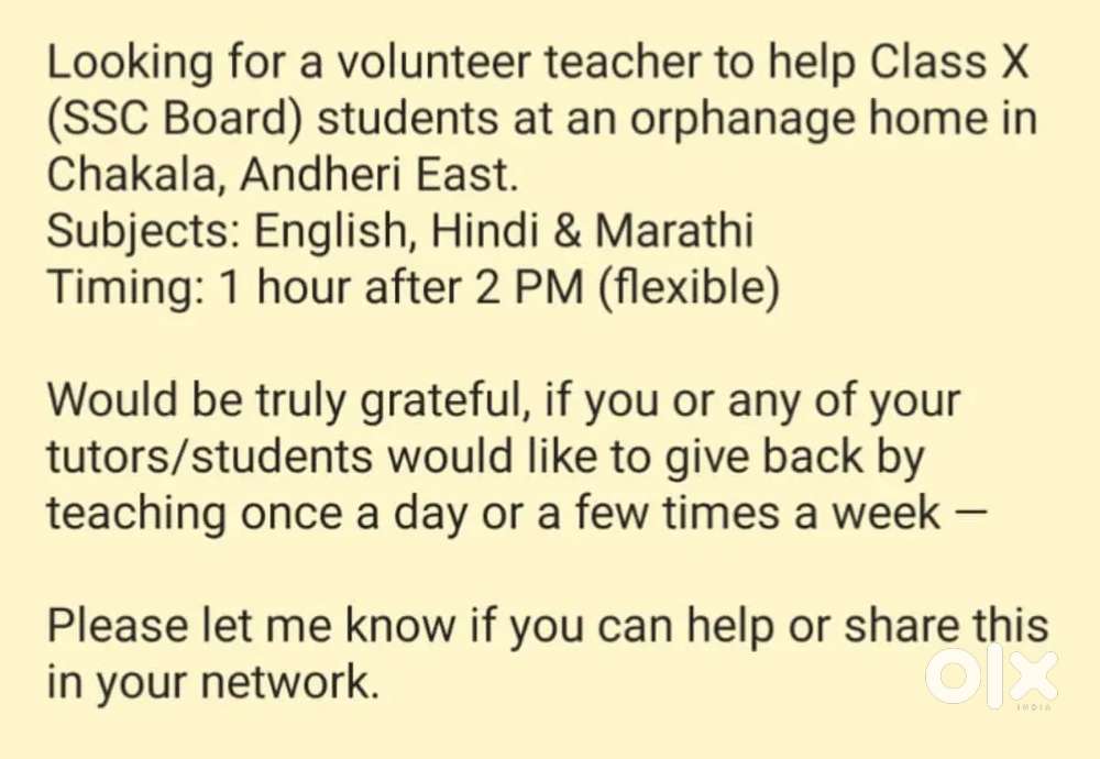 Looking for a Volunteer teacher Class X for orphanage Andheri East.