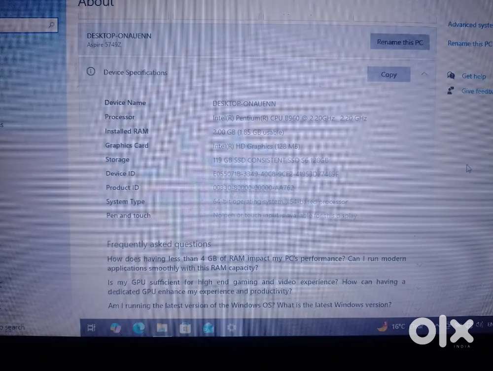 Laptop,acer company,2 GB RAM,119GB STORAGE OR USKE SATH ME 128GB SSD