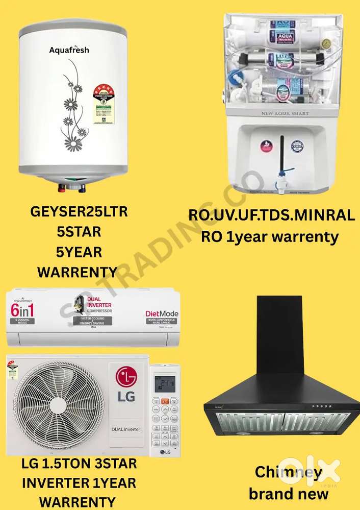 Ro water filter, geyser 25ltr , chimney ,lg ac 1.5ton available all