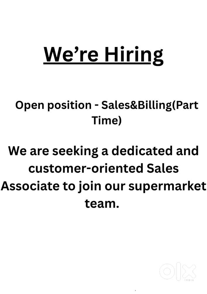 Supermarket Sales & Billing Job Vacancy in Vytilla