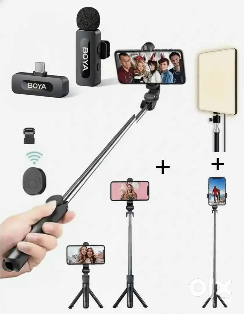 Boya by v1 mic + multipurpose tripod+ lighting with 3m wire ,remote