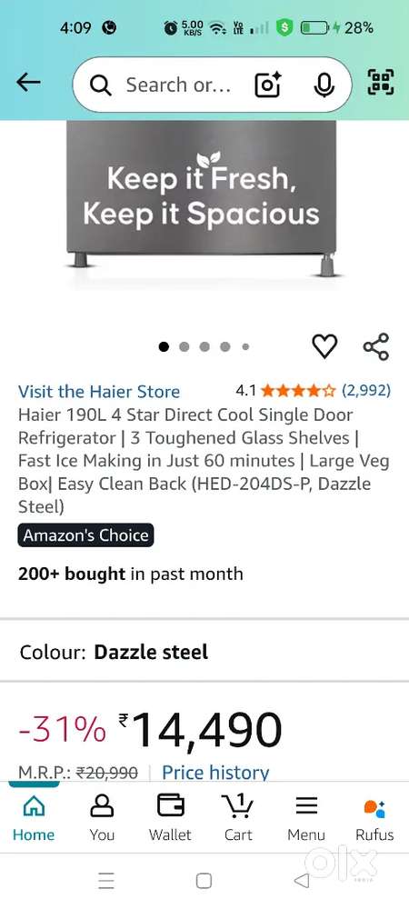 Fridge 190 ltr haier 4 star