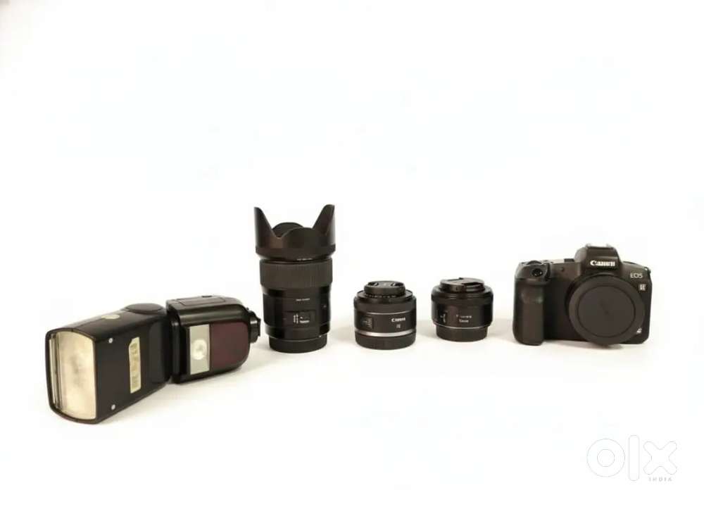 Canon EOS R Professional Kit: Body, 3 Primes, Flash, 3 Batteries.