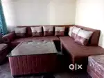 L shaped sofa set with table and 2 puffy